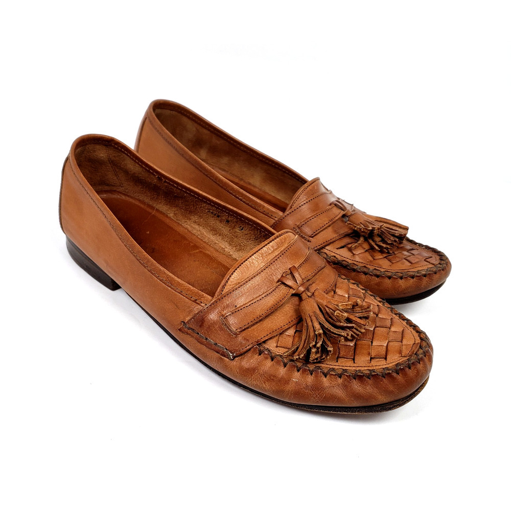 Cole Haan Mens Size 9 Brown Leather Italy Woven Tassel Dress Loafer Shoes